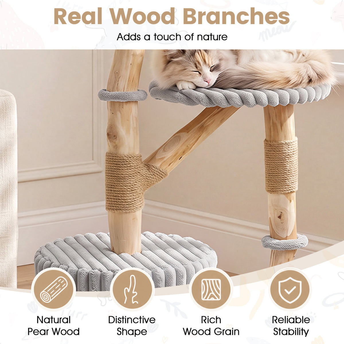 Solid Wood Cat Tree 41 Inch with Real Branches & Scratching Posts and Cozy Bed-Gray
