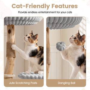 Solid Wood Cat Tree 41 Inch with Real Branches & Scratching Posts and Cozy Bed-Gray