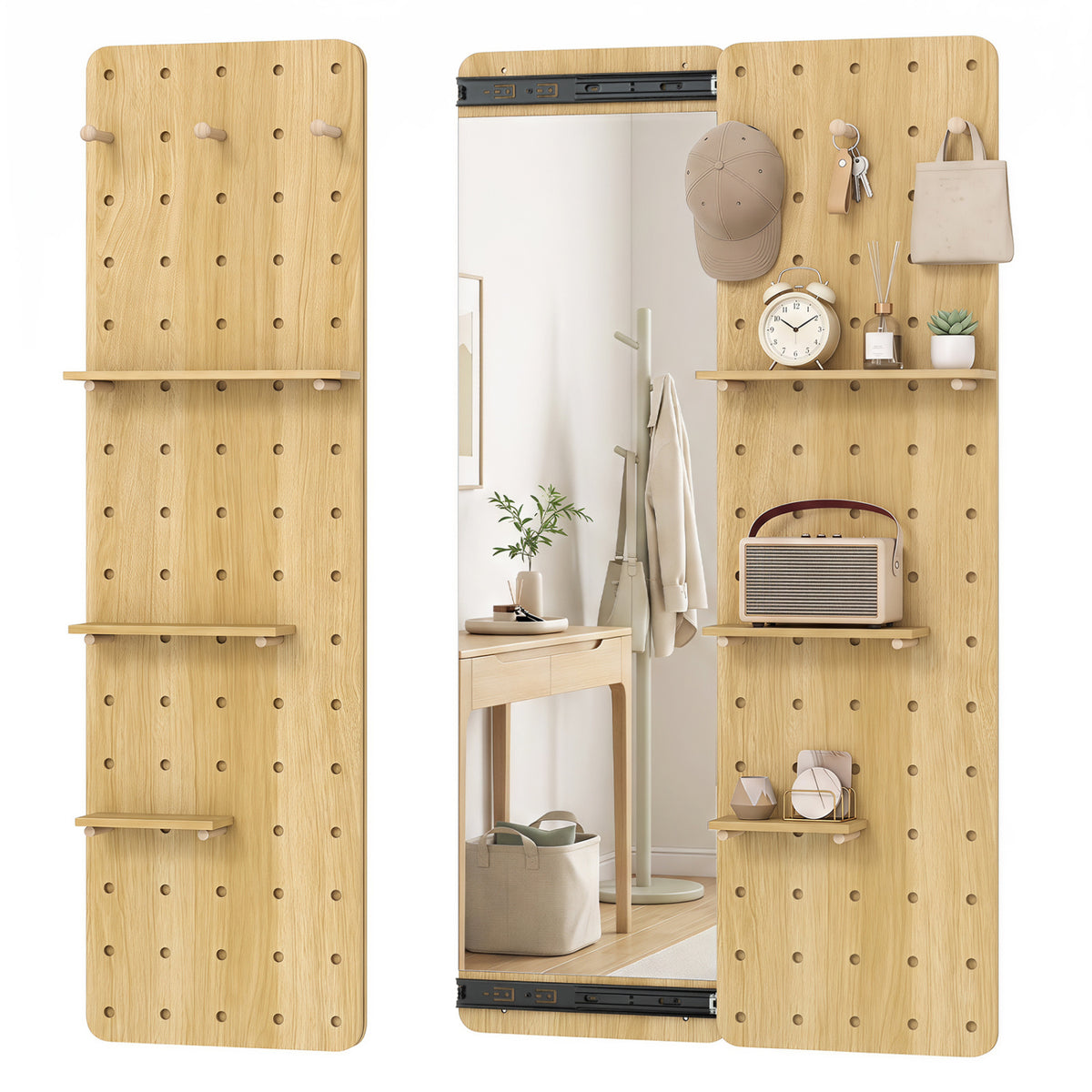 Solid Wood Full Length Mirror with Pegboard & Shelves and Hooks for Entryway-Natural