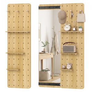 Solid Wood Full Length Mirror with Pegboard & Shelves and Hooks for Entryway-Natural