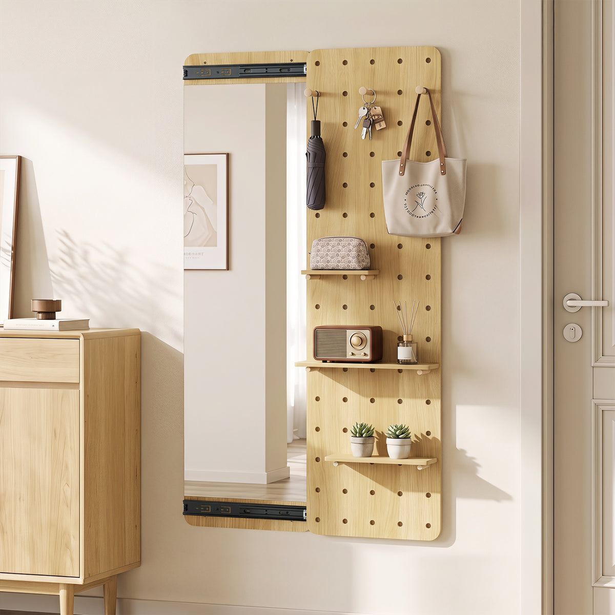 Solid Wood Full Length Mirror with Pegboard & Shelves and Hooks for Entryway-Natural