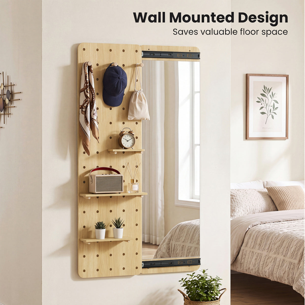 Solid Wood Full Length Mirror with Pegboard & Shelves and Hooks for Entryway-Natural