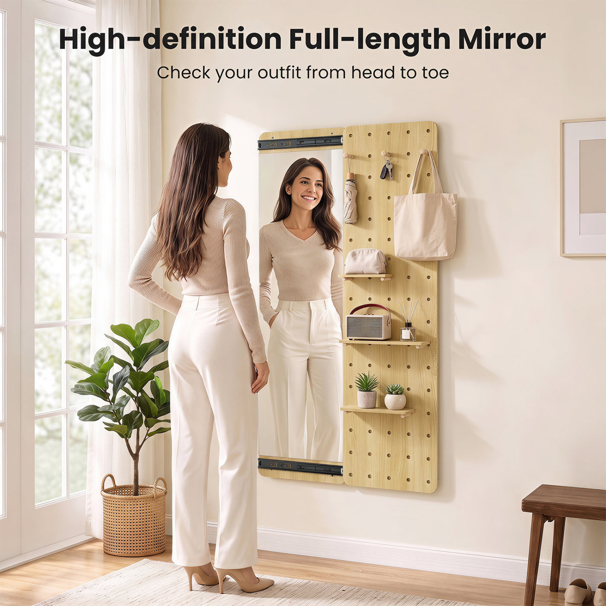 Solid Wood Full Length Mirror with Pegboard & Shelves and Hooks for Entryway-Natural