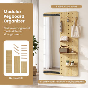 Solid Wood Full Length Mirror with Pegboard & Shelves and Hooks for Entryway-Natural