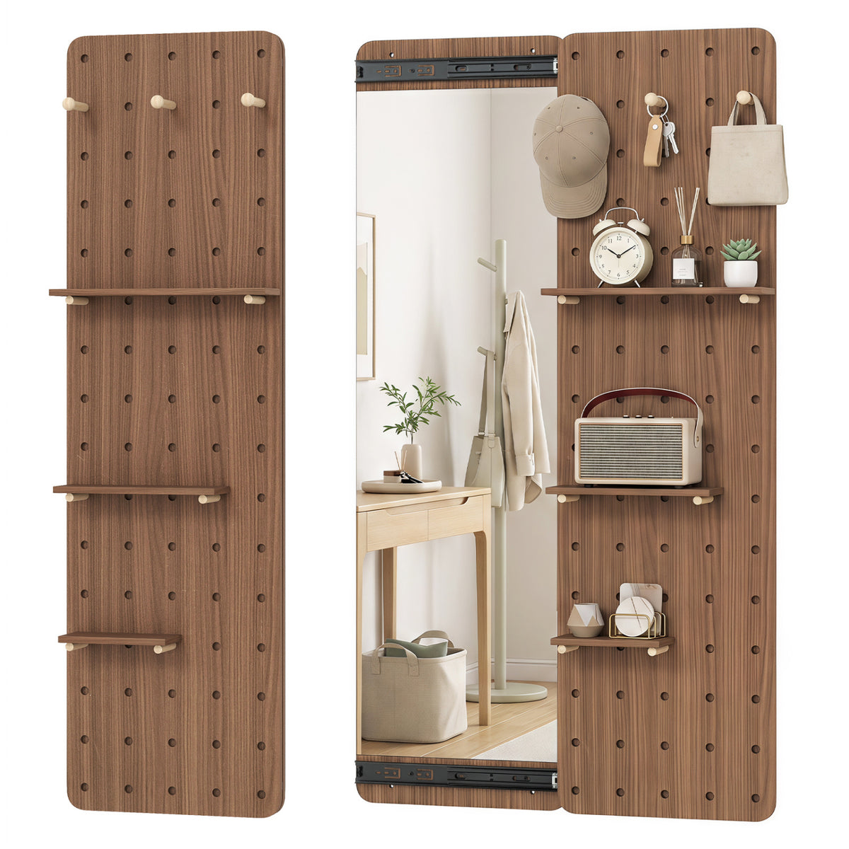 Solid Wood Full Length Mirror with Pegboard & Shelves and Hooks for Entryway-Brown