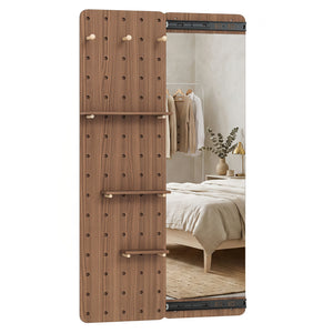 Solid Wood Full Length Mirror with Pegboard & Shelves and Hooks for Entryway-Brown