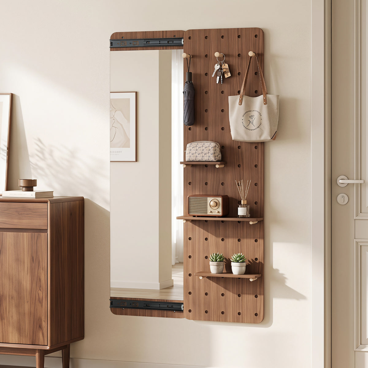 Solid Wood Full Length Mirror with Pegboard & Shelves and Hooks for Entryway-Brown