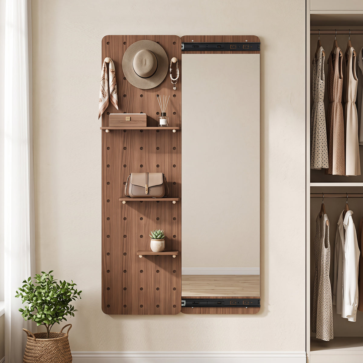 Solid Wood Full Length Mirror with Pegboard & Shelves and Hooks for Entryway-Brown