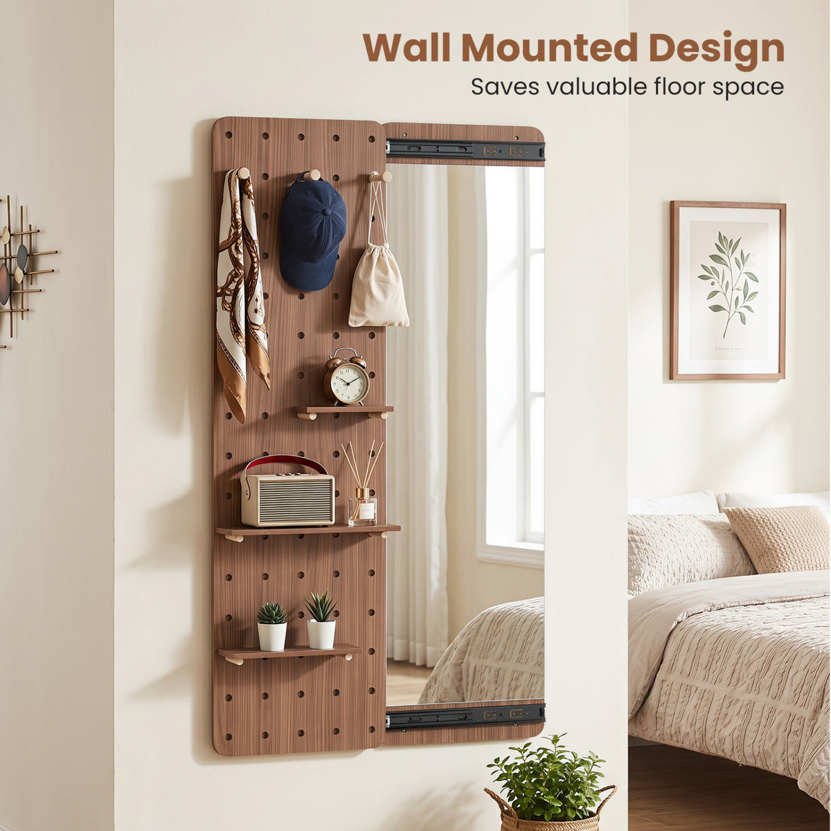 Solid Wood Full Length Mirror with Pegboard & Shelves and Hooks for Entryway-Brown