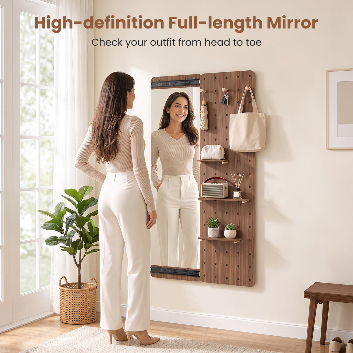 Solid Wood Full Length Mirror with Pegboard & Shelves and Hooks for Entryway-Brown