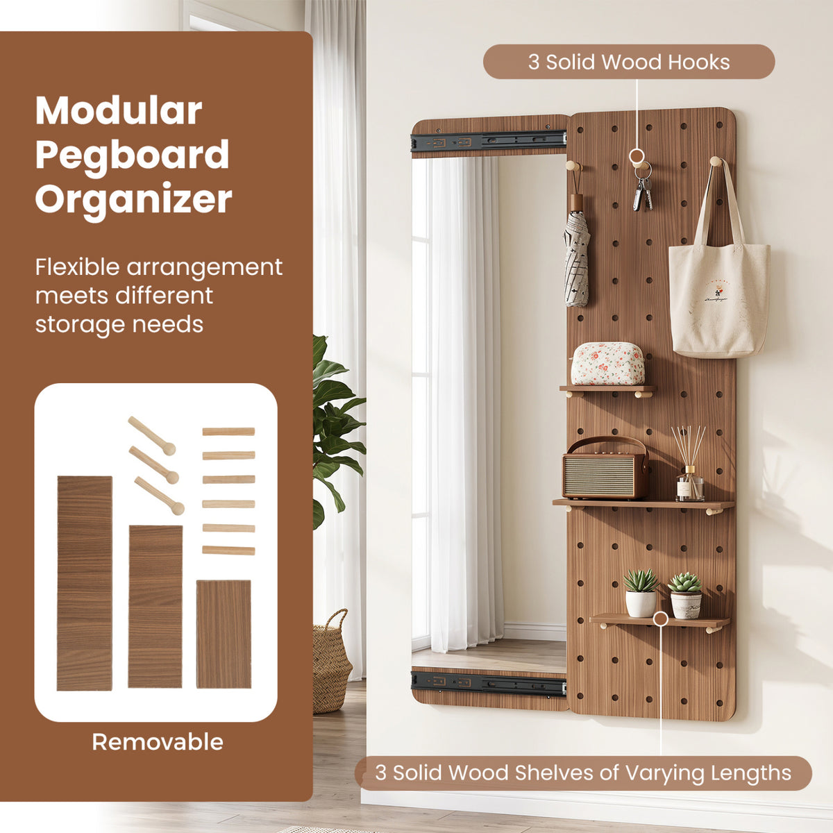 Solid Wood Full Length Mirror with Pegboard & Shelves and Hooks for Entryway-Brown