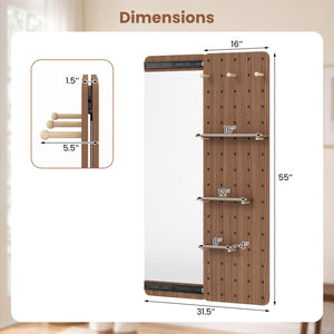 Solid Wood Full Length Mirror with Pegboard & Shelves and Hooks for Entryway-Brown