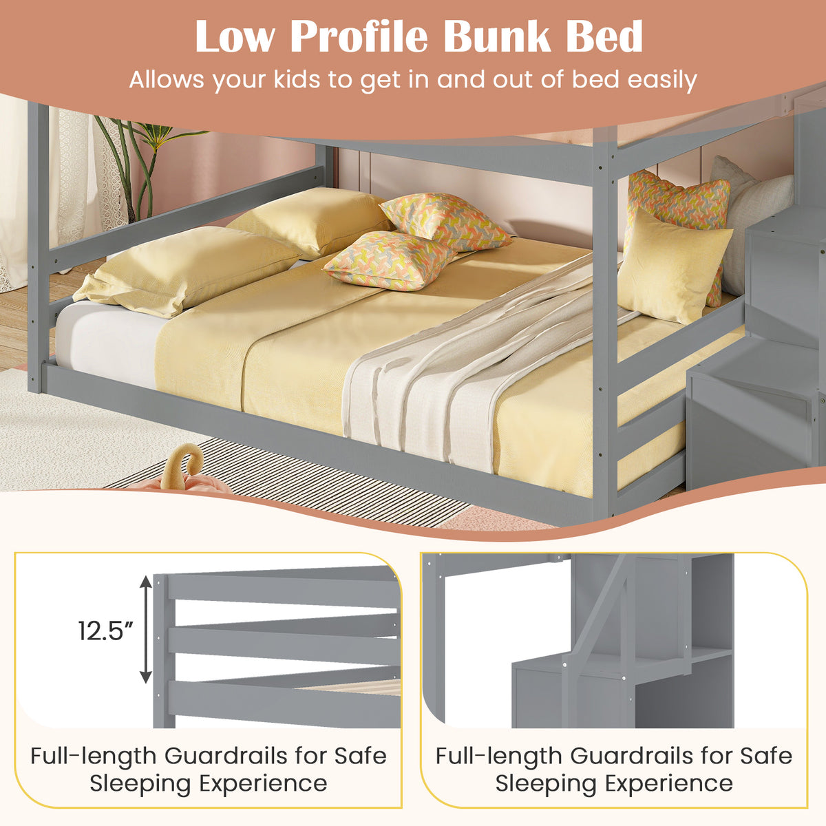 Solid Wood Full Over Full Low Bunk Bed with Storage Stairs-Gray