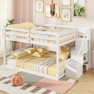 Solid Wood Full Over Full Low Bunk Bed with Storage Stairs-White