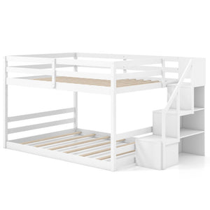 Solid Wood Full Over Full Low Bunk Bed with Storage Stairs-White