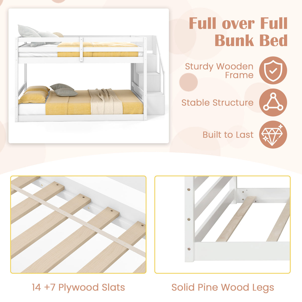 Solid Wood Full Over Full Low Bunk Bed with Storage Stairs-White