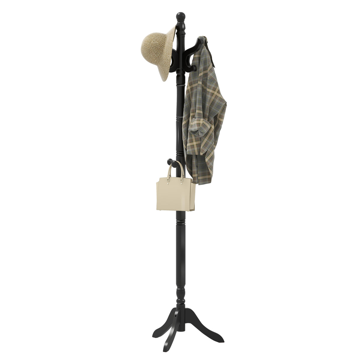 Solid Wood Hall Tree with 11 Hooks and 3 Height Options for Entryway-Black
