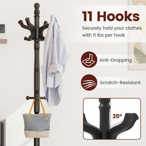 Solid Wood Hall Tree with 11 Hooks and 3 Height Options for Entryway-Black