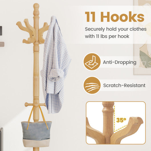 Solid Wood Hall Tree with 11 Hooks and 3 Height Options for Entryway-Brown