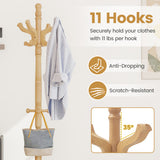 Solid Wood Hall Tree with 11 Hooks and 3 Height Options for Entryway-Brown
