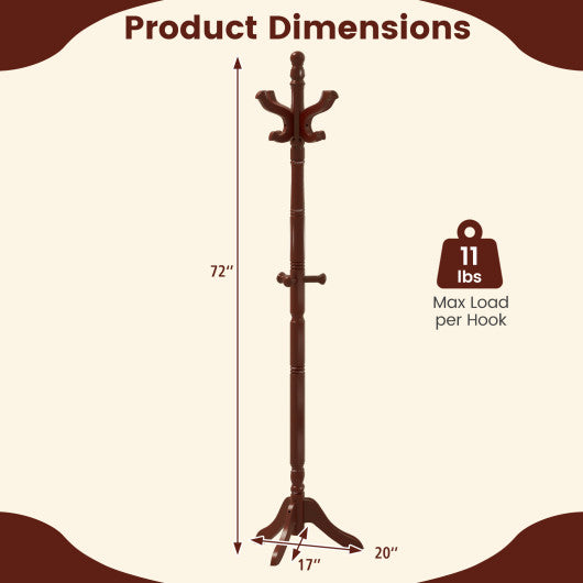 Solid Wood Hall Tree with 11 Hooks and 3 Height Options for Entryway-Brown