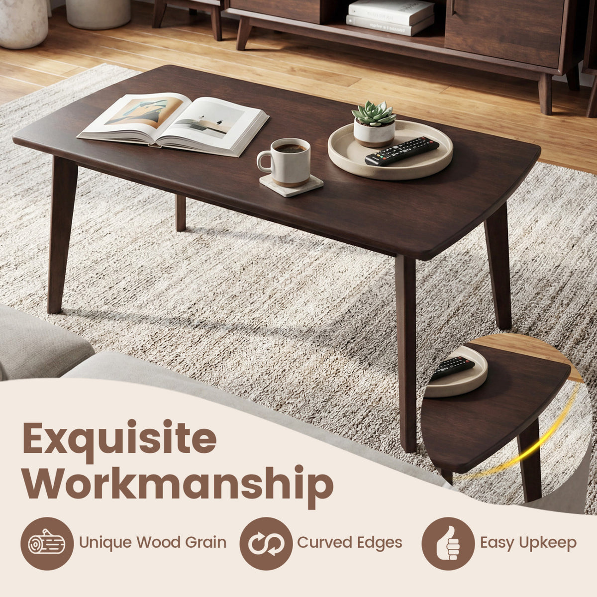Solid Wood Modern Coffee Table with Tapered Legs-Walnut