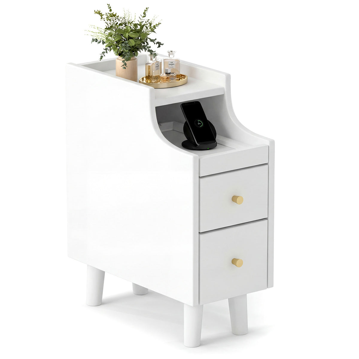 Solid Wood Night Side Table Narrow Bedside Table Nightstand with Pull-out Tray and 2 Storage Drawers-White