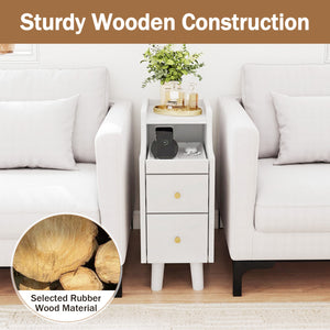 Solid Wood Night Side Table Narrow Bedside Table Nightstand with Pull-out Tray and 2 Storage Drawers-White