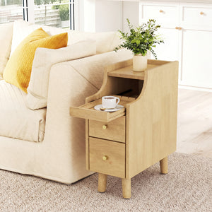 Solid Wood Night Side Table Narrow Bedside Table Nightstand with Pull-out Tray and 2 Storage Drawers-Natural