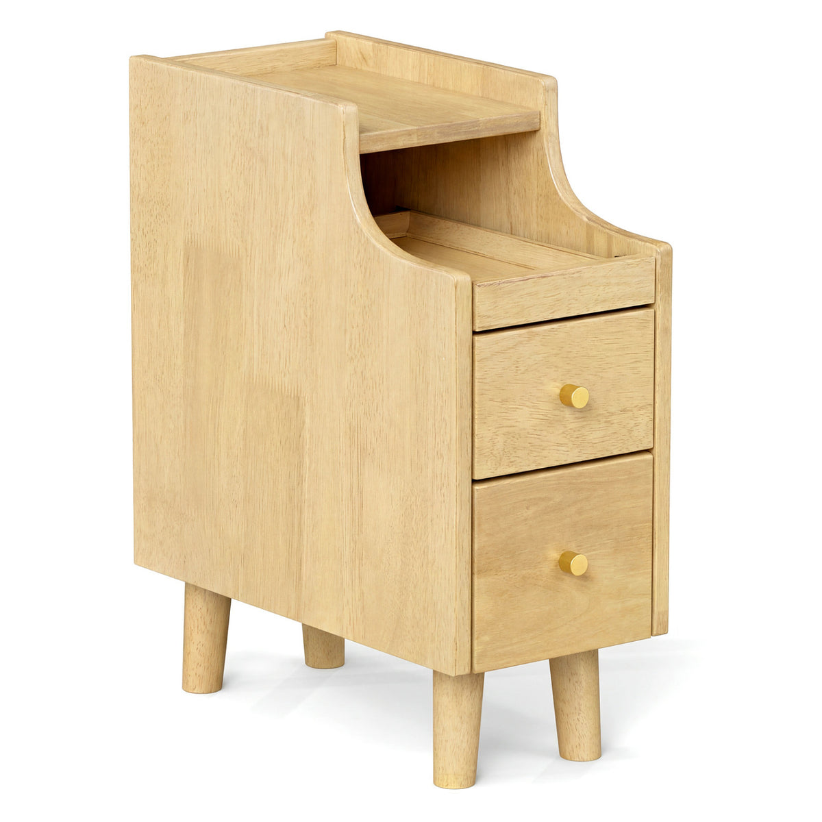 Solid Wood Night Side Table Narrow Bedside Table Nightstand with Pull-out Tray and 2 Storage Drawers-Natural