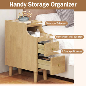 Solid Wood Night Side Table Narrow Bedside Table Nightstand with Pull-out Tray and 2 Storage Drawers-Natural