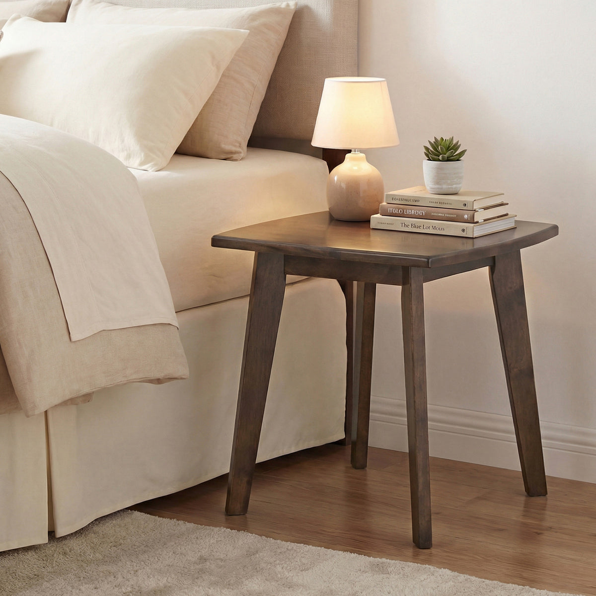 Solid Wood Side Table Square End Table with Thickened Top and Curved Edge-Walnut
