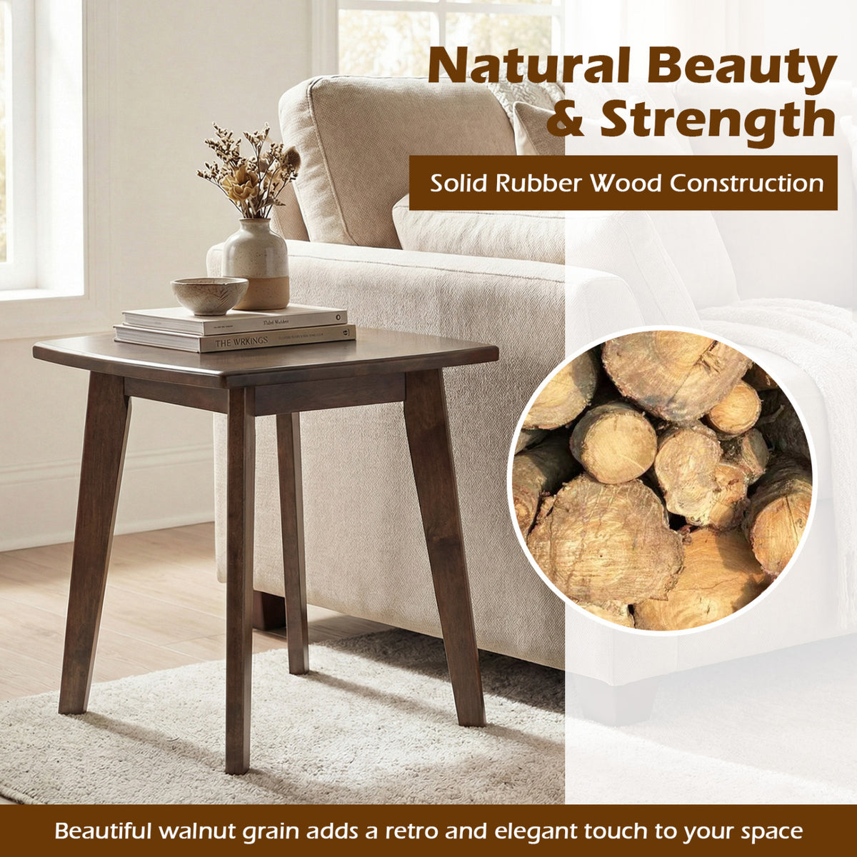 Solid Wood Side Table Square End Table with Thickened Top and Curved Edge-Walnut