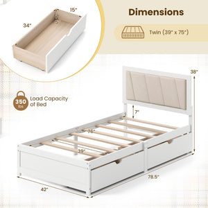 Solid Wood Structure Bed Frame with 2 Drawers Upholstered Headboard-Twin Size