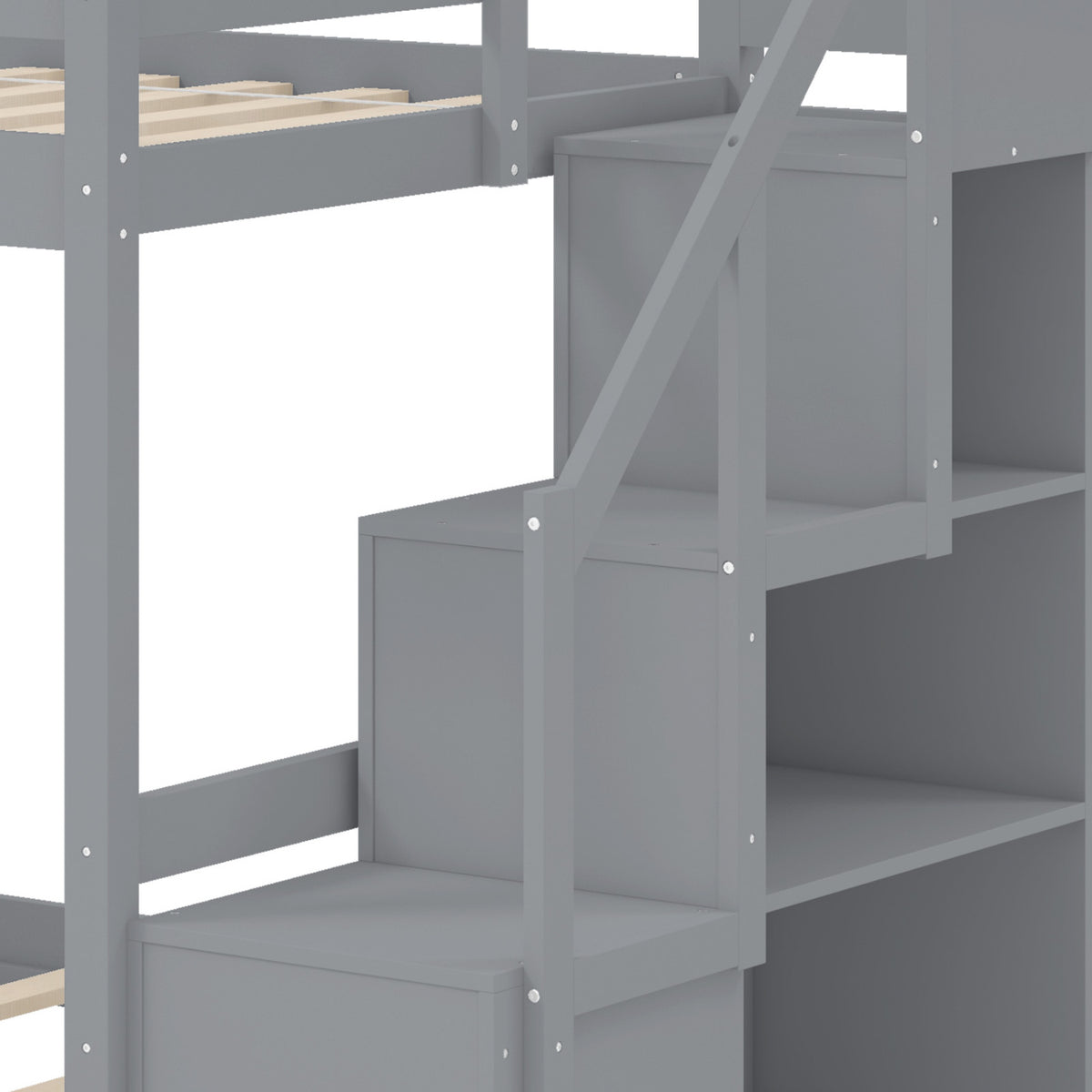 Solid Wood Twin Over Full Low Bunk Bed with Storage Stairs-Grey