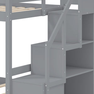 Solid Wood Twin Over Full Low Bunk Bed with Storage Stairs-Grey