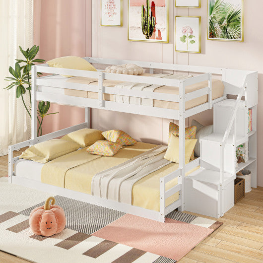 Solid Wood Twin Over Full Low Bunk Bed with Storage Stairs-White