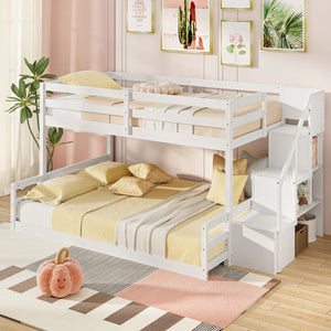 Solid Wood Twin Over Full Low Bunk Bed with Storage Stairs-White
