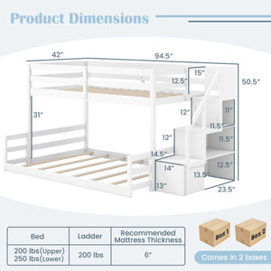 Solid Wood Twin Over Full Low Bunk Bed with Storage Stairs-White