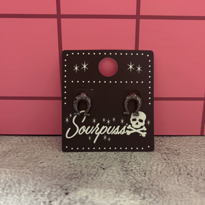 Sourpuss Earrings | Horseshoe Studs Black Gunmetal | Rockabilly Lucky Charm Jewelry