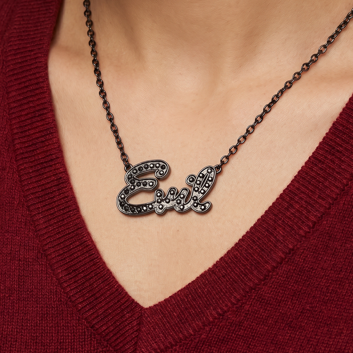 Sourpuss “Evil” Pendant Necklace with Black Rhinestones Gothic Statement Jewelry