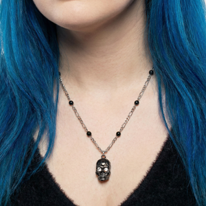 Sourpuss Silver Skull Pendant Necklace | Sugar Skull with Rhinestone Eyes – Clear & Purple Options