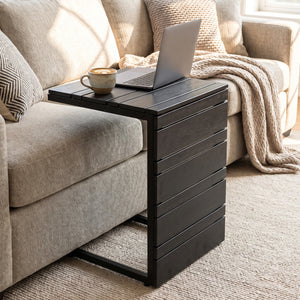 Space-Saving C-Shaped Side Table with Wood-Plastic Top for Indoor Outdoor-Black