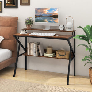 Space Saving Computer Desk with Monitor Stand and Extra Storage Shelf for Work Study-Rustic Brown