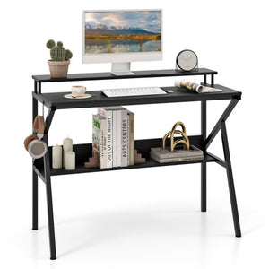 Space Saving Computer Desk with Monitor Stand and Extra Storage Shelf for Work Study-Black