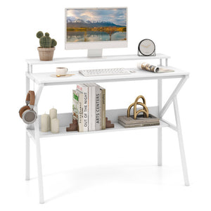 Space Saving Computer Desk with Monitor Stand and Extra Storage Shelf for Work Study-White
