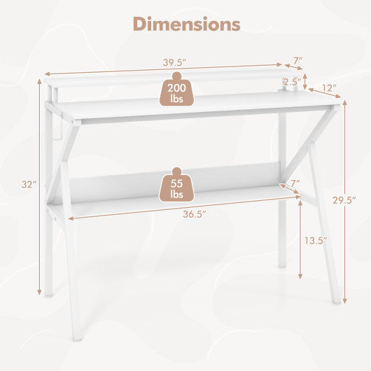 Space Saving Computer Desk with Monitor Stand and Extra Storage Shelf for Work Study-White
