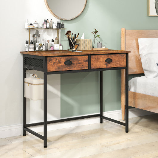 Space Saving Home Office Desk with 2 Fabric Drawers and 4 Hanging Hooks-Rustic Brown