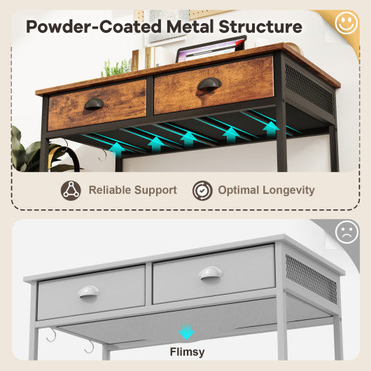 Space Saving Home Office Desk with 2 Fabric Drawers and 4 Hanging Hooks-Rustic Brown