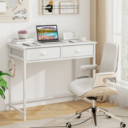 Space Saving Home Office Desk with 2 Fabric Drawers and 4 Hanging Hooks-White